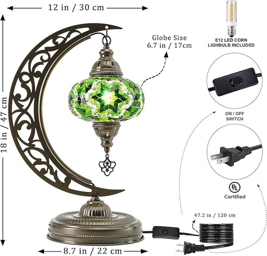 Mozaist Turkish Mosaic Moon Shape Table Lamp, Moroccan Crescent Vintage Handmade Desk Light, Country Living Room, Kitchen Island Decorative Lighting, Authentic Bohemian Bedside Dim Nightstand (Green)