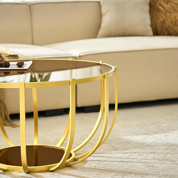Saint Mossi Glass Round Coffee Table for Living Room, Modern 2-Tier Gold Drum Center Table, Brown Glass Top, Brown Mirror Shelf and Gold Frame, W30xH16.5