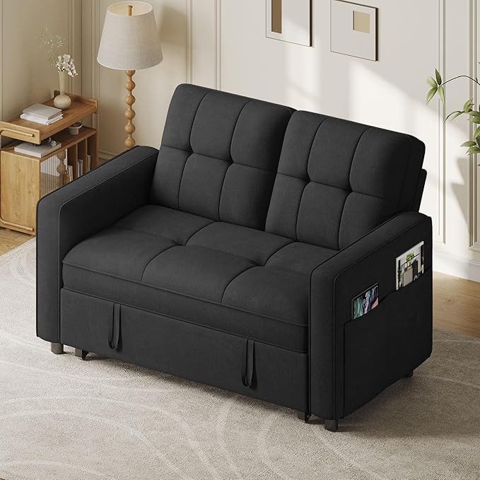 YITAHOME 3-in-1 Convertible Sofa Bed, Modern Loveseat Sleeper with Pull-Out Chaise, USB Charging Ports, Side Pockets, Compact Sofa for Living Room, Bedroom, Apartment, Black