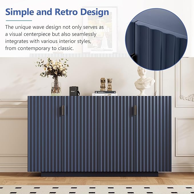 60" 4 Wavy Doors Ample Storage Sideboard with Adjustable Shelves,Retro Acacia Wood Console Table w/Retro Copper Handles,for Entryway Kitchen Dining Room Living,Antique Navy