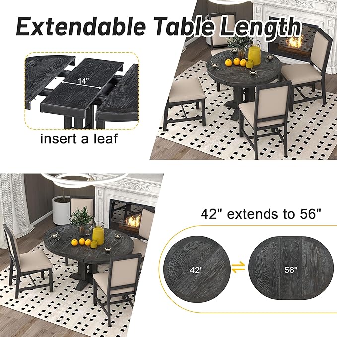 Ball & Cast Farmhouse Extendable Dining Table for 4-6, 42"-56" Extendable Kitchen-Table with a 14" Leaf, Round Ellipse Retro Wood Dining Room-Table w/Removable Leaves,Space Saving, Espresso