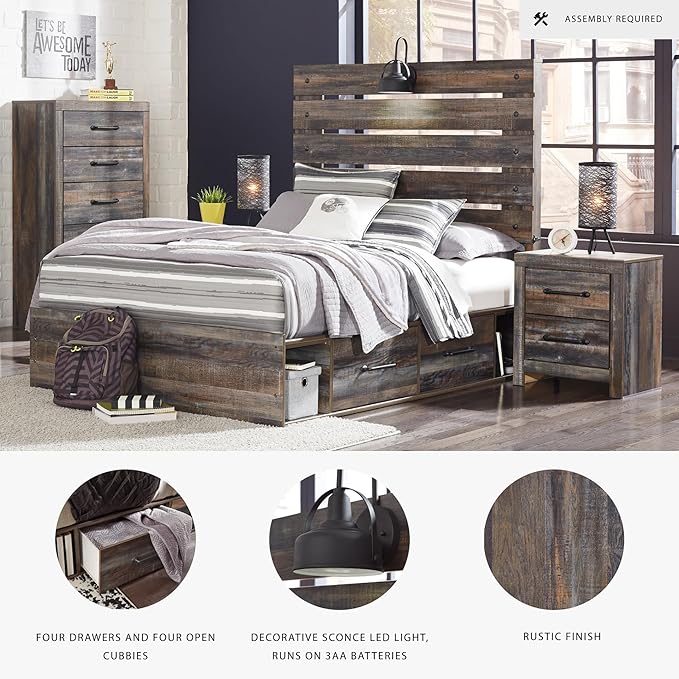 Signature Design by Ashley Drystan Rustic Full Panel Platform Bed with 4 Storage Drawers, Open Cubbies, Sconce LED Light and USB Ports, Foundation or Box Spring Not Needed, Dark Brown & Gray