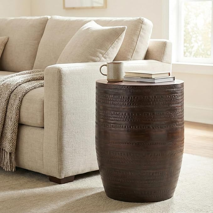 SIMPLIHOME Johnsen Tribal Accent Table – 15 inch Wide Round Metal Drum Side Table in Dark Bronze, Rustic Boho Accent Table for Living Room with Embossed Tribal Pattern, Assembled