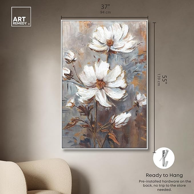 Art Remedy White Textured Flowers Canvas Elegant Floral Wall Art, White Frame, 36" x 54"