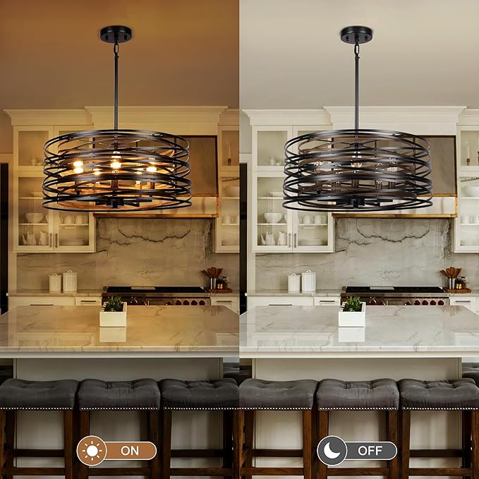 5-Light Drum Chandelier for Dining Room，19.7" Rustic Farmhouse Dining Room Light Fixture，Wood Grain and Vintage Black Metal Chandeliers for Kitchen Entryway Living Room