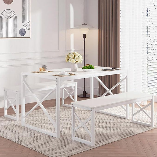 VECELO 55" Kitchen Dining Table Set for 4-6, Wood Dinette 2 Benches with Metal Frame for Dinner Breakfast Nook and Small Space, White