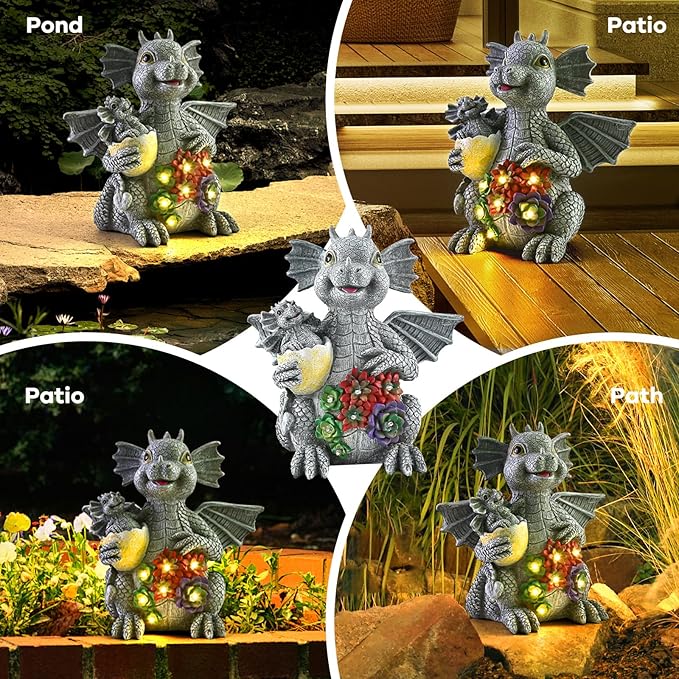 UZER Dinosaur Garden Dragon Statue Outdoor Decor for Patio, Cute Dinosaur Figurine with Solar Light, Yard Art Decoration Resin Ornament for Indoor Home Outdoor Patio Lawn,Birthday Gifts for Mom