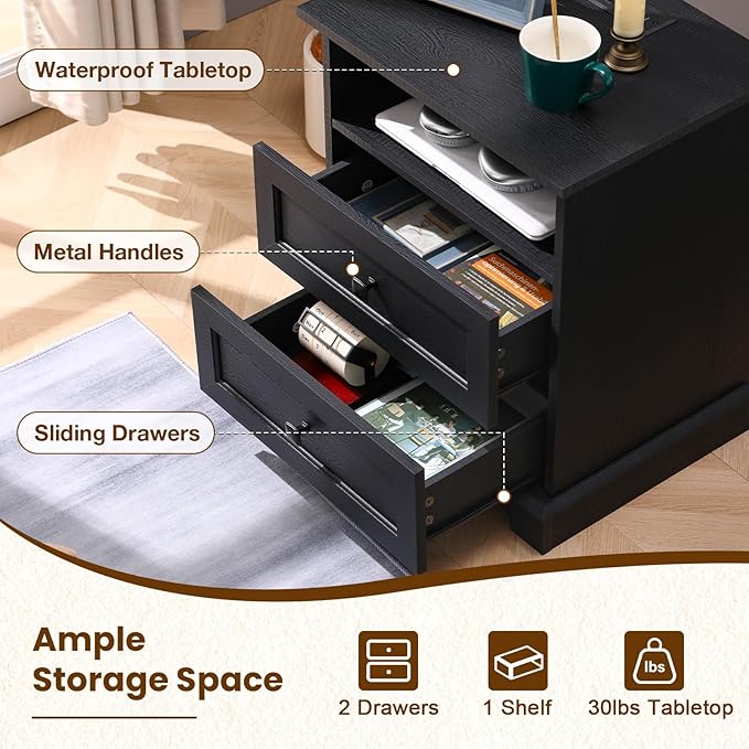 20-Inch Wide Modern Nightstand with Charging Station & Outlets, Bedside Table with 2 Drawers and Open Shelf, Sleek Design End Table for Bedroom and Office, Black (Single Piece)