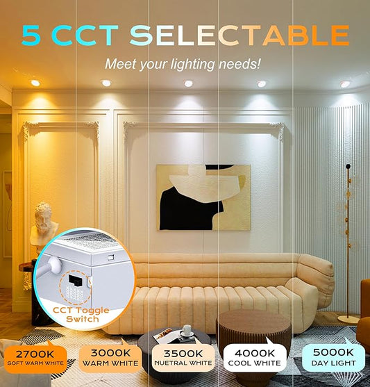 CLOUDY BAY [4-Pack] 4 inch 5 Color Swivel LED Gimbal Recessed Light with Junction Box, IC Rated Air Tight, 120V CRI90+, 2700K/3000K/3500K/4000K/5000K Temperature Selectable,White