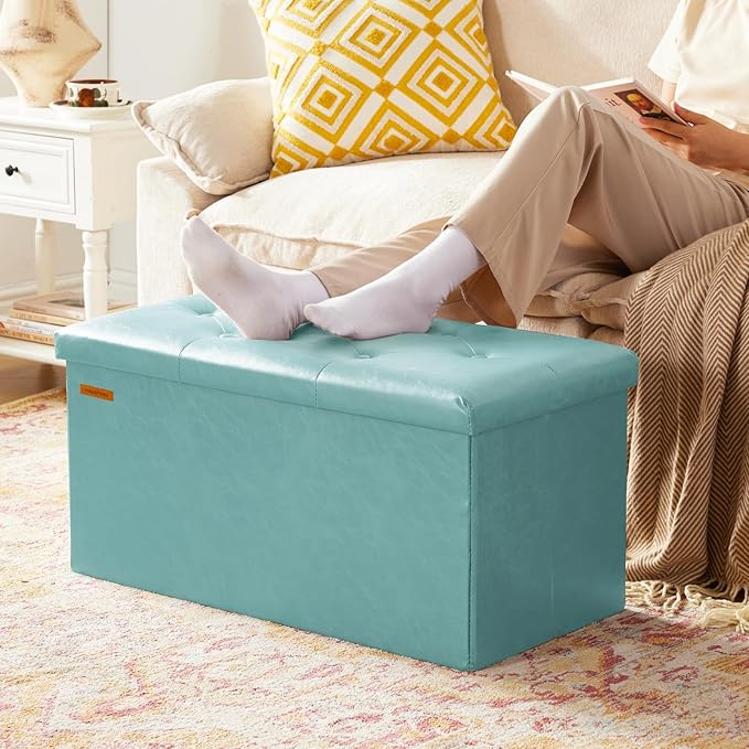 HAUSFRAU - Storage Ottoman Bench, 30 Inches Button Tufted Upholstered Ottoman Footstool with Storage for Living Room Bedroom Entryway, Load 660 lb, Synthetic Leather, Light Blue