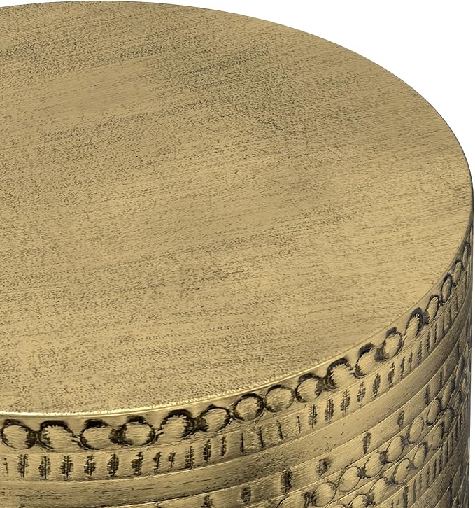 SIMPLIHOME Johnsen Metal Table - 15 inch Wide Solid Iron Drum Accent Table in Antique Gold with Tribal Pattern, Round Boho End Table for Living Room, Bedroom, or Home Office, Fully Assembled