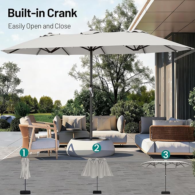 AreShark 15FT Outdoor Patio Umbrella with Crank, Large Rectangular Market Umbrella, Double-Sided Outdoor Umbrellas with Cross Base & Sandbag for Porch, Lawn, Pool, Backyard, Light Gray