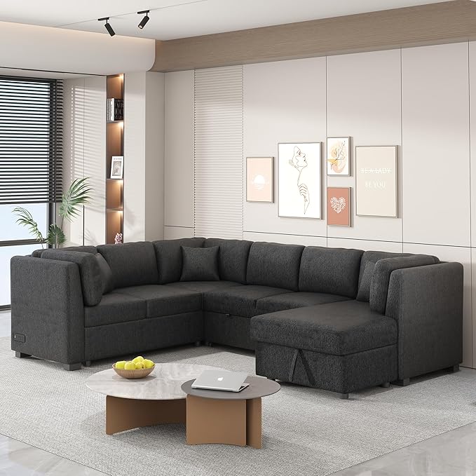 ERYE 108-Inch U-Shaped Sleeper Sectional Sofa with Pull Out Couch Bed for Living Room, Comfy Chenille Upholstered Corner Sleeper Sofabed with Storage Chaise & Power Sockets