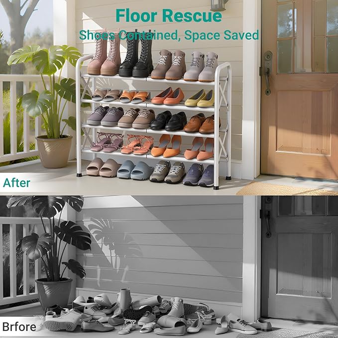 4-Tier Expandable Shoe Rack for Closet Floor, X-Frame Metal Small Shoe Rack for Entryway, Adjustable Shoe Shelf Organizer, Free Standing Shoe Racks for Front Door Entrance, Garage - White