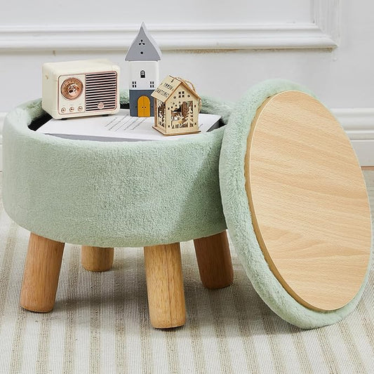 Small Foot Stool Ottoman with Storage, Soft Faux Fur Ottoman Foot Rest for Couch, Round Footstool with Storage, Small Ottomans and Footstools for Living Room and Entryway (Light Green)