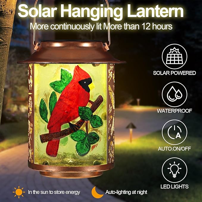 Cardinal Solar Lanterns Outdoor Waterproof,Birthday Gifts for Women Mom Grandma Garden Decor,Hanging Solar Lights Wall Mount Decorations for Yard,Front Porch,Patio,Lawn Pathway Landscape