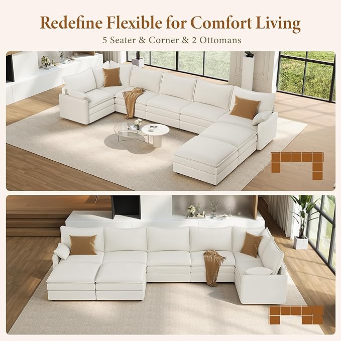 Vesgantti Large Modular Sectional Sofa, Big Comfy Cloud Couch with Ottoman Deep Seat Chenille Cloud Sofa, 8 Seater Large Sectional Couches for Living Room, Bedroom and Apartment, Snow White | Sink-in Comfort, Height Adjustable, Easy Rearrangement, Extr...