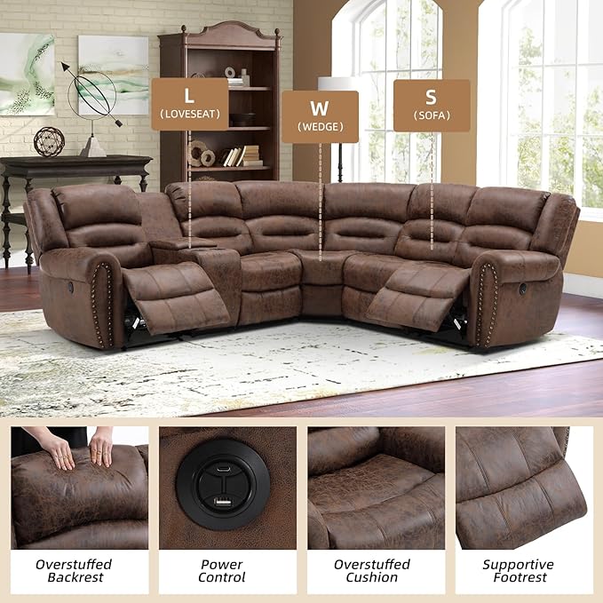 EBELLO Faux Leather Reclining Sectional Couches for Living Room, L-Shaped Power Recliner Sofa Set Corner Sectional Couch Home Furniture Set, with Storage Console, Cup Holders, USB Port, Coffee Brown