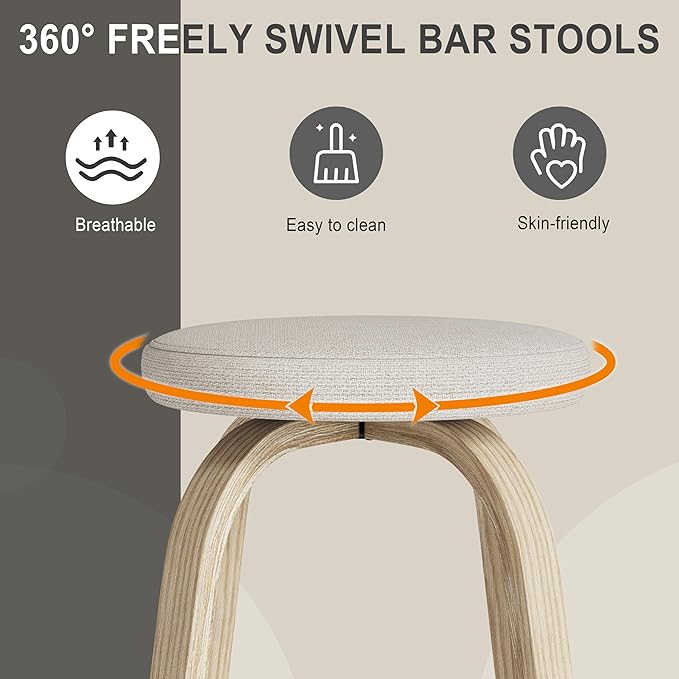 Bar Stools Set of 2, Counter Height Backless Bar Stools, 26" Swivel Barstools Kitchen Chair with Upholstered Fabric Seat, Beige
