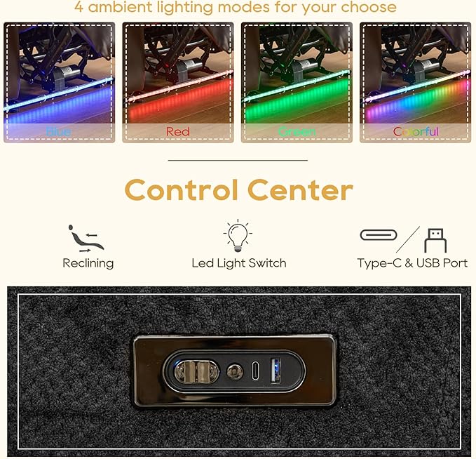 IPKIG Power Recliner Sofa with Flip-Up Backrest Console, USB & USB-C Ports, AC Outlet, LED Lights, Wall Hugger Recliners for Living Room, RV (Charcoal, 89" - 4 Seat) | Velvet Fabric, Zero Gravity, Dual Reclining, 2 Lumabr Pillow, Bluetooth Speakers