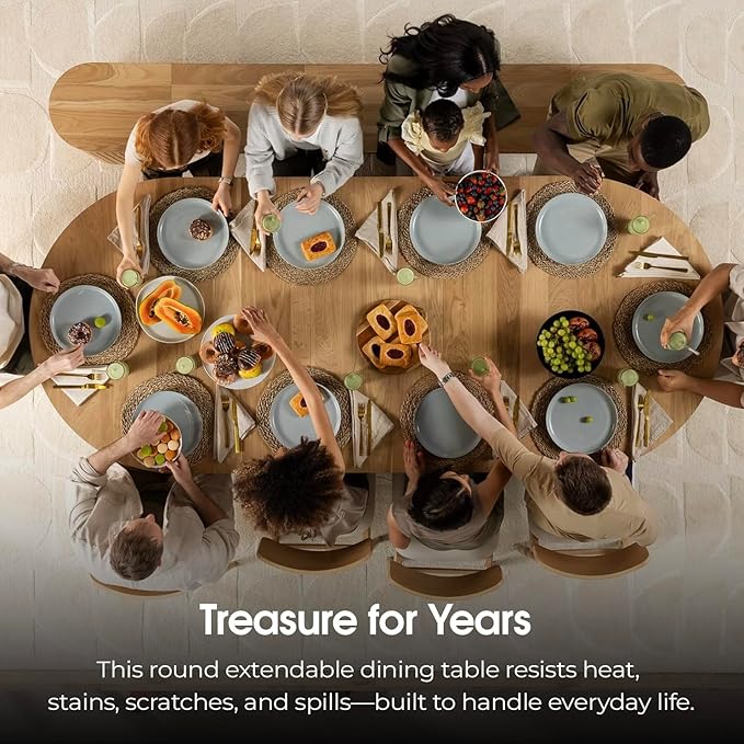 Transformer Table - Solid Wood Extendable Round Dining Table Set with Bench, Expandable Round Dining Set, Seats 4-10, Seat with Hidden Panel Storage, Natural (Table + Bench)
