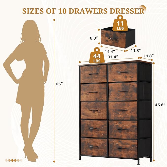 10-Drawer Fabric Dresser, Chest of Drawers Clothes Cabinet for Closet & Bedroom, Storage Organizer with Steel Frame for Entryway, Dorm, Living Room, Brown