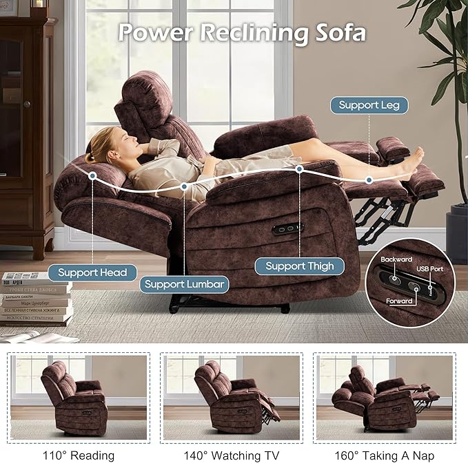 Zero Gravity Power Reclining Sofa with Adjustable Headrest, Electric Reclining Couch with Wireless Charge, USB Ports, Power 3-Seater Recliner Sofa with Drop Down Table, Outlet (Brown)