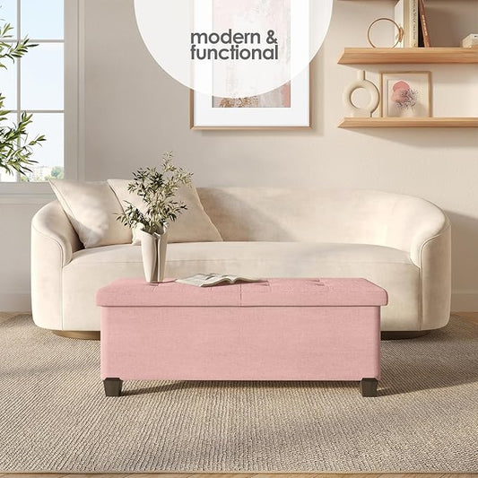 Storage Ottoman Bench with Bins, 43-in Storage Bench for Bedroom End of Bed, Folding Foot Rest Ottoman for Living Room Max 660lbs, Fabric Ottomans, Pink
