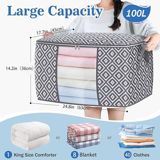 Direct 100L, 6 Pack, Storage Containers, Large Clothes Storage Bins Foldable Organization and Storage Bags with Reinforced Handle, Clear Window for Bedding, Blankets, Clothing, Grey