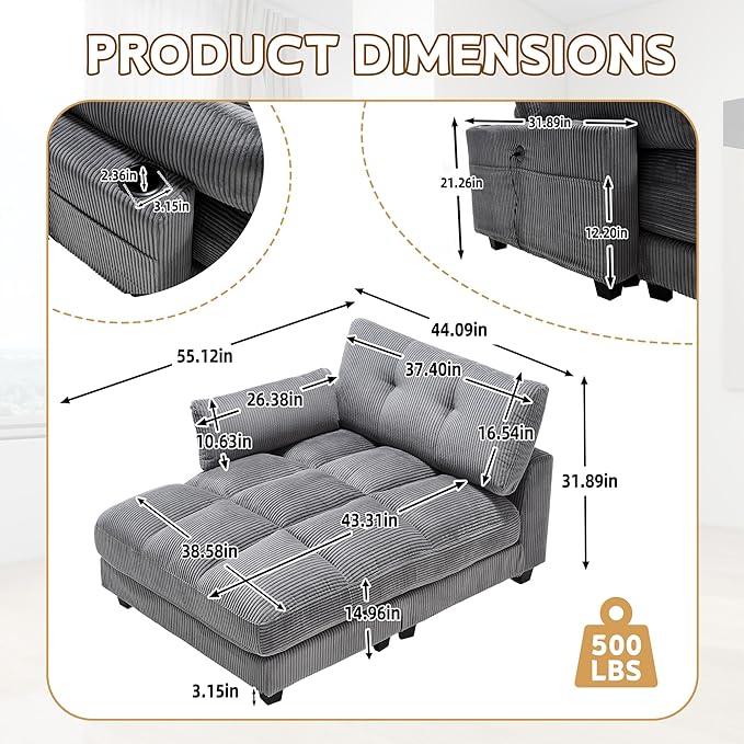 Oversized Lounge Chaise Convertible Sleeper Sofabed, Corduroy Sleeper Daybed Indoor Recliner Chair Sofa Bed with Cupholders and Adjustable Headrests for Living Room Bedroom Reading Home Apartment