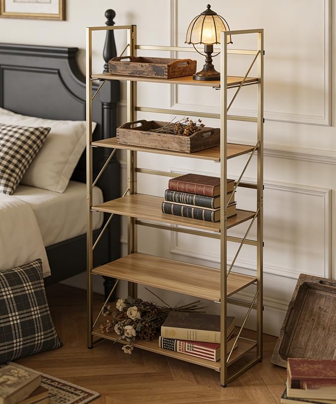 Folding Bookshelf,Multifunctional Foldable Plant Stand Storage Rack Shelves for Home Office, Easy Assembly, 5-Tier,Gold & Nature Wood