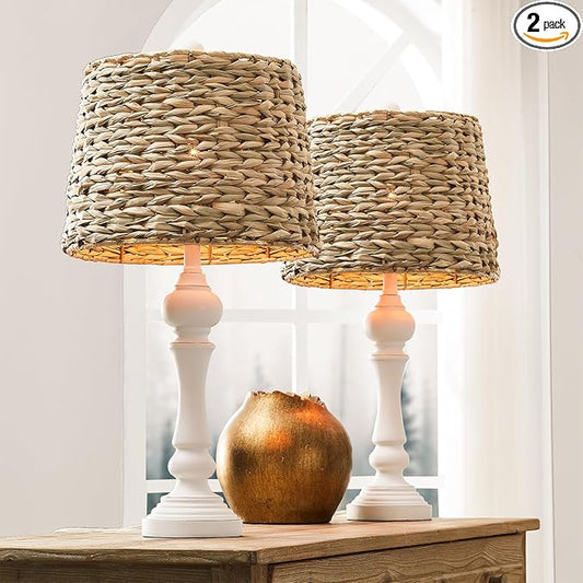 Maxax 26" Boho Rattan Table Lamps Set of 2 for Living Room, Coastal Bedside Lamps with Rattan Shade, Farmhouse Cottage Wicker Lamps, Rustic Resin Nightstand Lamps for Bedroom, White