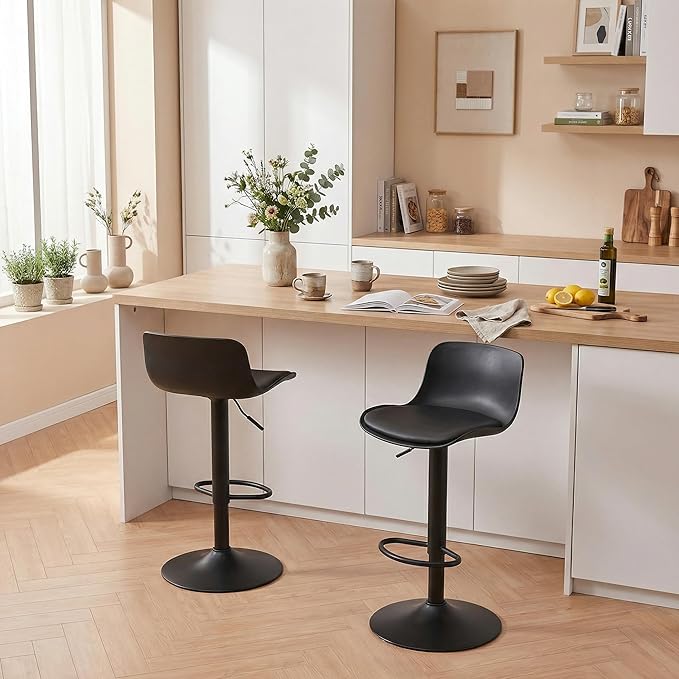 YOUNIKE Bar Stools Set of 2 Modern Black PU Counter Height Barstool, High Padded Adjustable Swivel Barstools with Back for Bar Counter and Kitchen Island
