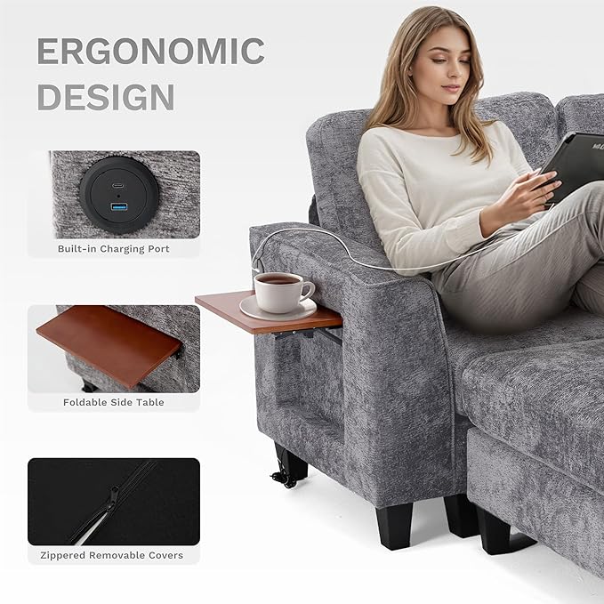 MALOL 118" U-Shaped Sectional Couch, 4-Seat Modular Sofa with USB Type C Ports, 2 Ottomans and Foldable Side Table, Grey for Living Room