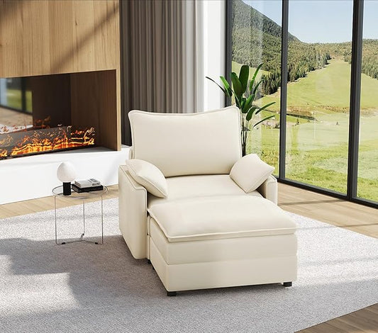 Vesgantti 40" Single Seat Sofa with Ottoman, Comfy Cloud Couch Deep Seat Upholstered Couch Chenille Modern Sofa, Easy Assembly for Living Room, Bedroom and Apartment, Beige | Sink-in Comfort, Height Adjustable, Easy Rearrangement, Extra-deep Ottoman, S...