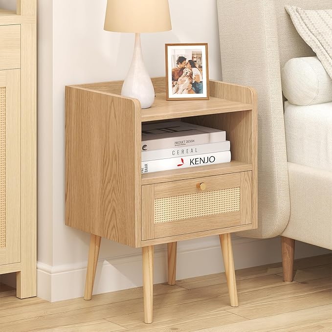 Night Stand Set 2, Nightstands Set of 2 with Charging Station, Rattan Side Tables with Solid Wood Legs, Boho Bedside End Table for Farmhouse Bedroom Dorm Small Space - Natural