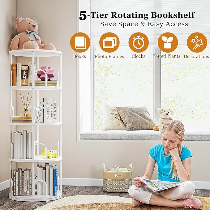 4 Tier Round Rotating Bookshelf Revolving Bookcase, 360° Spinning Book Shelf Tower for Kids, Narrow Rolling Bookshelves for Small Space, Corner, Bedroom, Office
