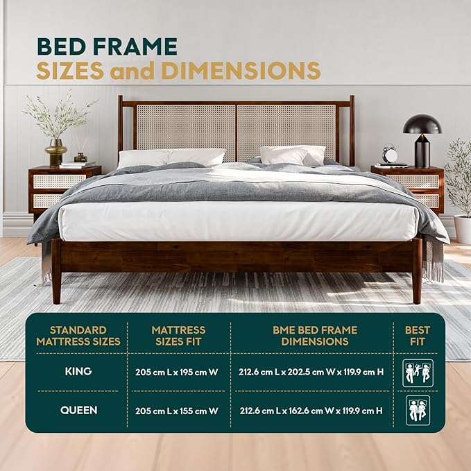 Bme Oliver King Bed Frame and Headboard - 15-Inch Signature Design with Rattan Headboard, Bohemian and Mid Century Style, 12-Slat Wood Support, No Box Spring Needed - Easy Assembly, Walnut