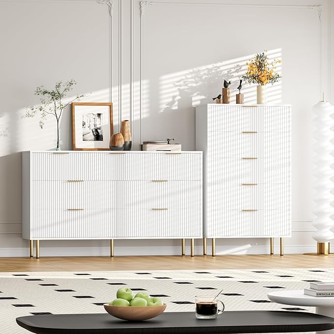 GAOMON 5 Drawer Dresser,Fluted Dresser for Bedroom,47.9" Tall Dressers Chest of Drawers,Wood Tall Dressers with Metal Handle for Closet, Living Room, Entryway