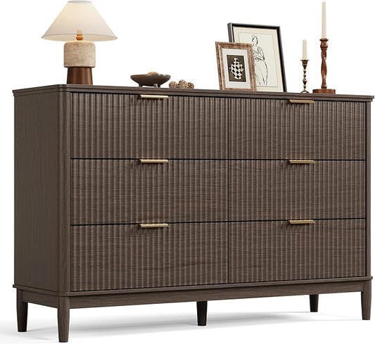 LINSY Fluted Dresser for Bedroom with 6 Drawers, Mid Century Modern Chest of Drawers with Gold Metal Handles, Wide Boho Wood Dressers, Large Farmhouse Storage Cabinet for Bedroom, Living Room, Walnut