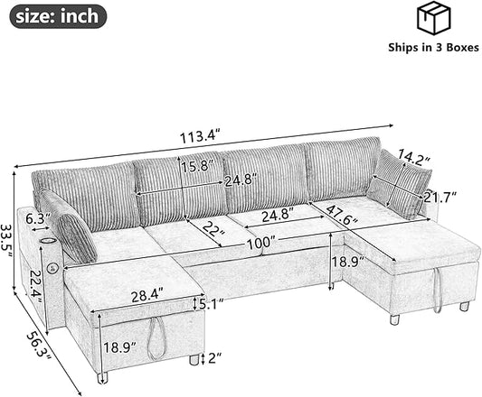 ERYE 113-Inch U-Shaped Pull Out Sleeper Couch Bed, Modern U Shaped Symmetrical Sleeper Sectional Sofa Convertible Sofa Bed with Storage Chaises & USB-C Ports for Living Room