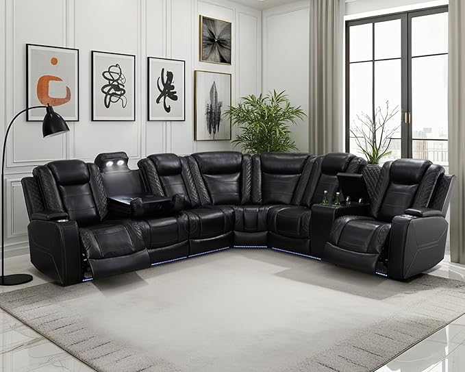 Breathing Leather Reclining Sectional Sofa with LED,Power Recliner Sectional Couch with Armrest Storage&Cup Holders, L Shaped Recliner Corner Couch for Living Room (Black Upgraded)