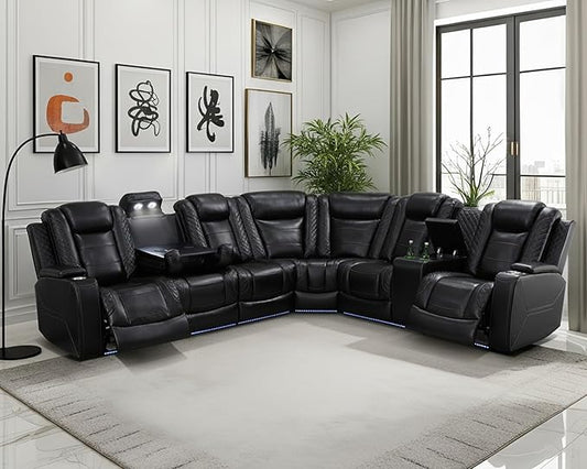 Breathing Leather Reclining Sectional Sofa with LED,Power Recliner Sectional Couch with Armrest Storage&Cup Holders, L Shaped Recliner Corner Couch for Living Room (Black Upgraded)