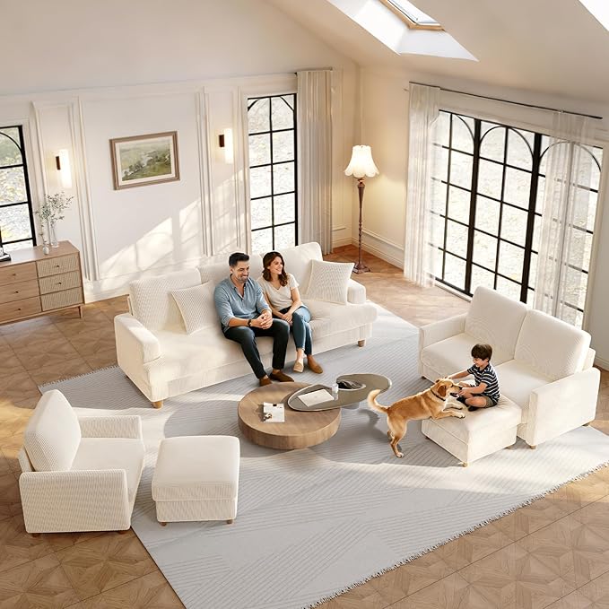 Welzona 70.2" Couches for Living Room, Comfy Sofa Set Tool-Free Setup, Corduroy Couch Set 7.1" Thicker Cushion, Accent Chair with Ottoman 848lbs Support, Sofas for Living Room Home Office, Beige
