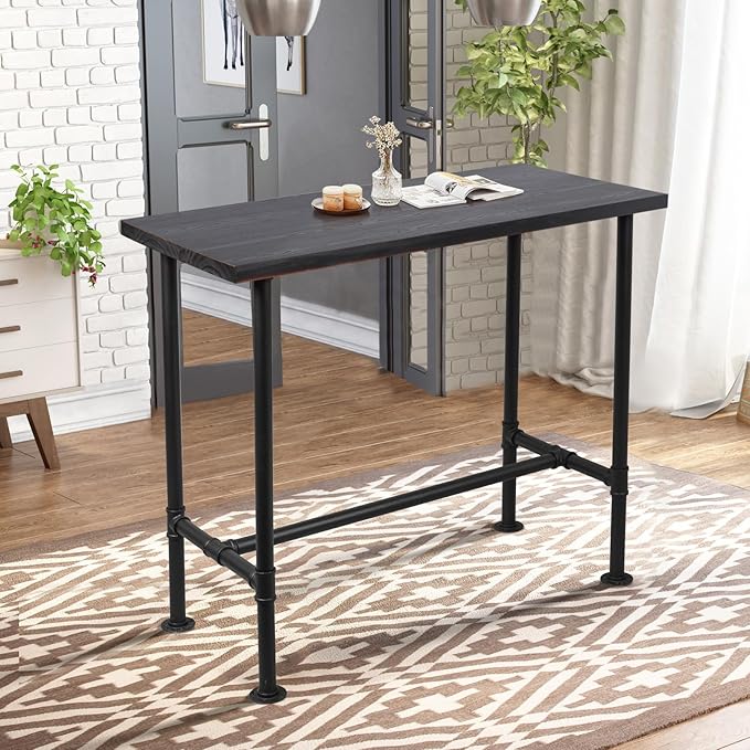 LOKKHAN Rectangular Dining Table for 4, (47.3" L x 41.3" H x 23.6" W), Heavy Duty Metal Pipe, Solid Wood Desktop, Home Kitchen Bar Office Cafe Pub, Rustic Industrial, Grey & Walnut