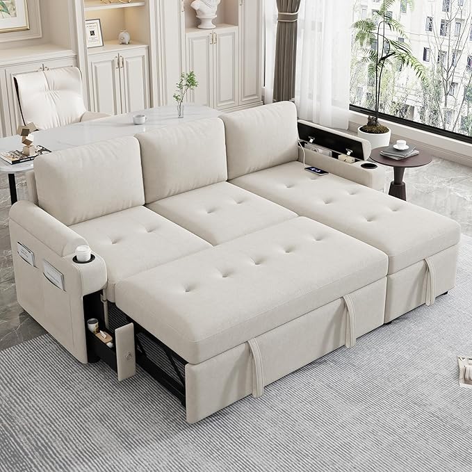 Eafurn 83.5" Sleeper Sectional Sofa with Pull Out Couch Bed, Convertible L-Shaped Sofa with Storage Chaise, Quick Assemble Sleeper Corner Sofa with Cup Holders & USB Ports