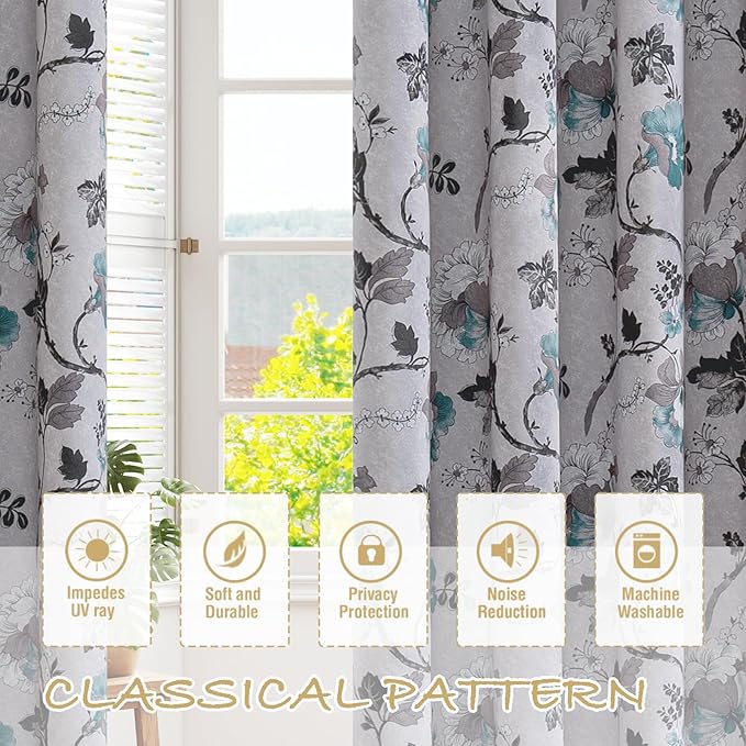 H.VERSAILTEX Blackout Curtains for Bedroom/Living Room Thermal Insulated Printed Curtain Drapes 63 Inches Long Energy Efficient Room Darkening Curtains Pair (2 Panels), Vintage Floral Grey & Teal