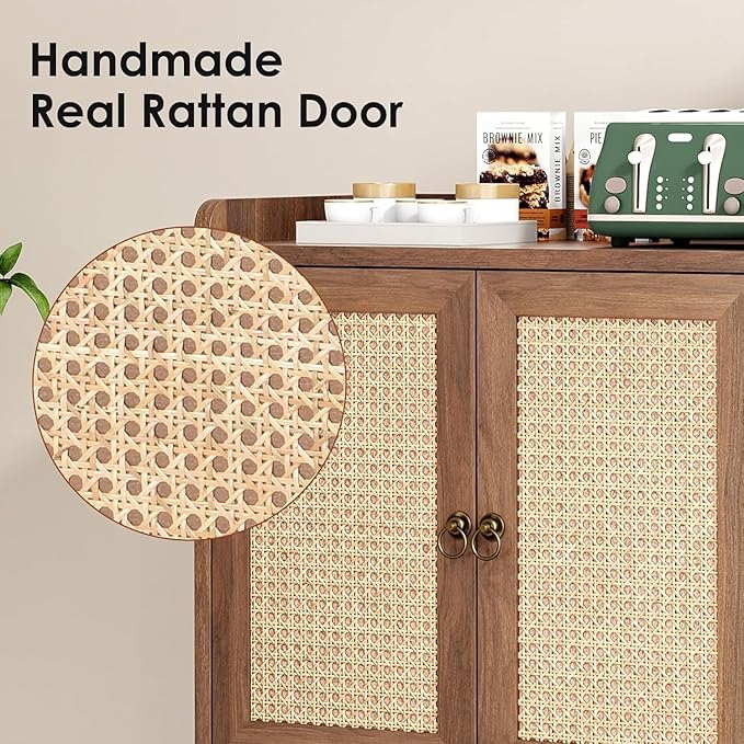 Sideboard Buffet Cabinet with Storage, Rustic Bar Liquor Cabinet with Boho Rattan Decorated Doors, Retro Credenza Console Table for Dining Room Living Room Hallway EntryWay, Vintage
