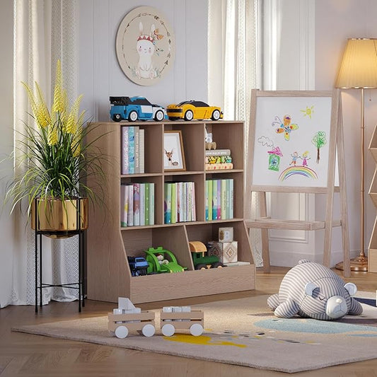 DINZI LVJ Toy Storage Organizer, Kids Bookshelf, Wood Toy Storage Cabinet, 3-Tier 8 Cubby Children Bookcase, 39.4" L Toddler Book Shelf for Playroom, Living Room, Nursery, Hallway, School, Natural
