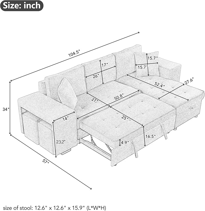 Merax Sleeper Sofa Bed with Reversible Storage Chaise Lounge and 2 Storage Ottoman, L-Shape Couch for Living Room